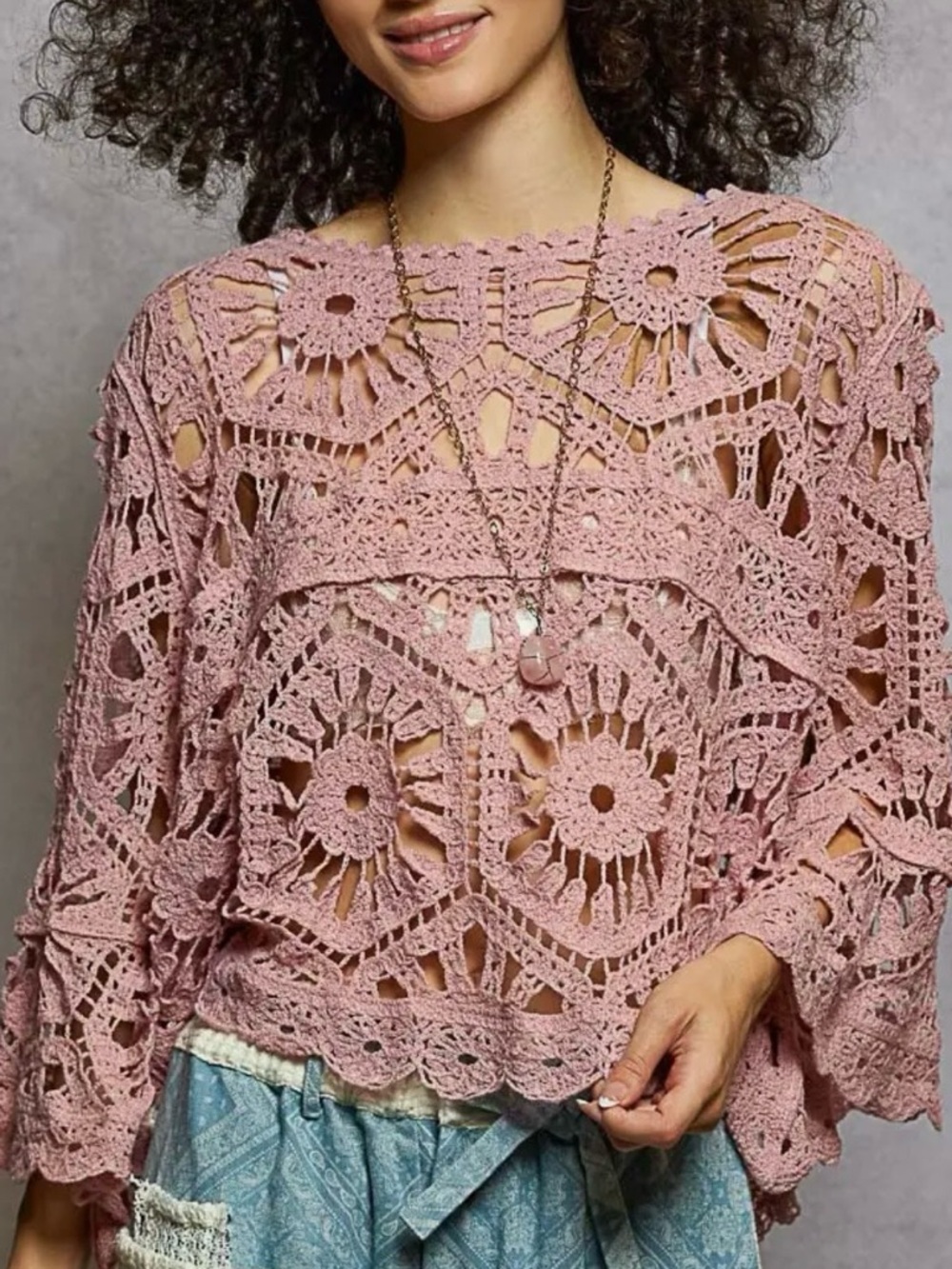 POL Bohemian Crochet Openwork Bracelet Bell‎ Sleeve Short Top Rose Pink One Size